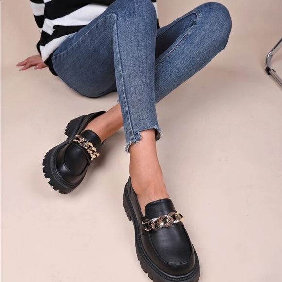 Black Gold Chain Platform Penny Loafers - Picture 2 of 10